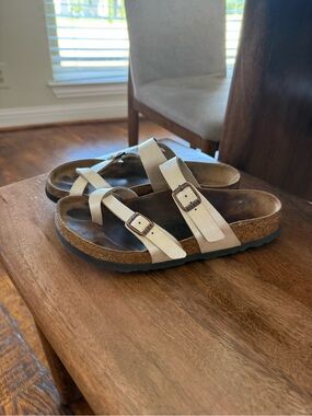Birkenstock White Strappy Cork Footbed Sandals with Buckles
